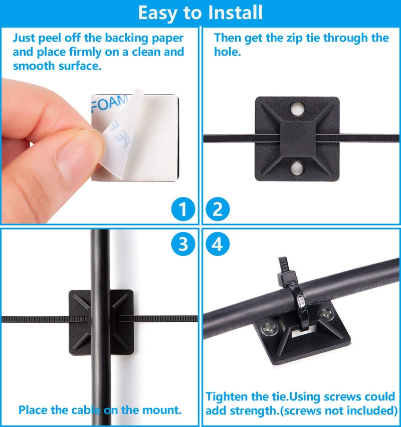 ALIGADO Cable Tie Mounts  Adhesive-Backed  1 Inch  for Cable Management  Cable Tie Anchors  100 Pack  Black - Image 5